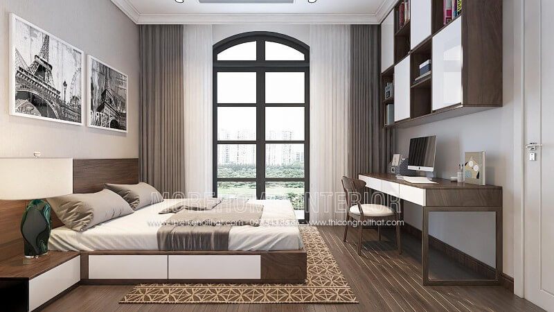 Thiết kế giường ngủ nhà phố phong cách hiện đại, sự kết hợp hài hòa giữa 2 tone màu trắng và nâu chủ đạo mang đến cho gia chủ cảm giác không bị quá “choáng ngợp” màu và dễ dàng đi vào giấc ngủ