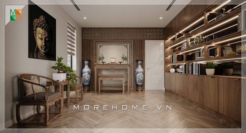 Không gian phòng thờ được thiết kế chủ yếu là nội thất gỗ tự nhiên. Mẫu ốp tường gỗ bàn thờ rất đẳng cấp.
