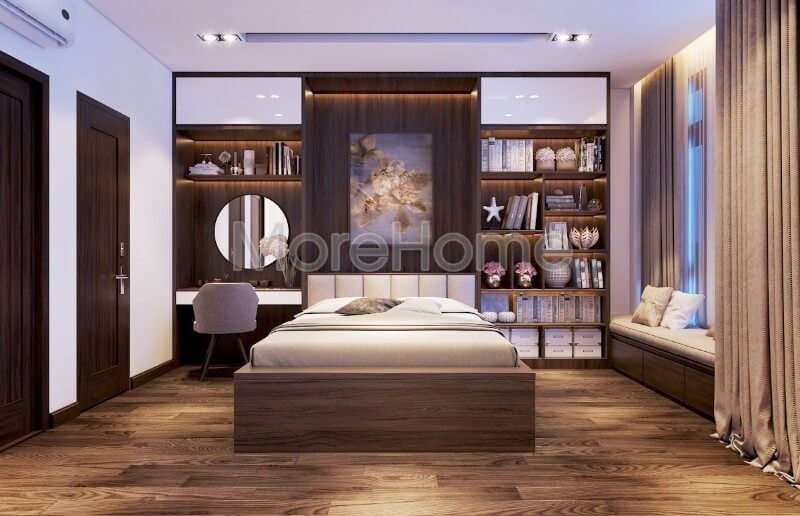 ngủ
Bàn trang điểm đẹp được đặt bên cạnh kệ trang trí là nét đặc trưng của phòng ngủ.