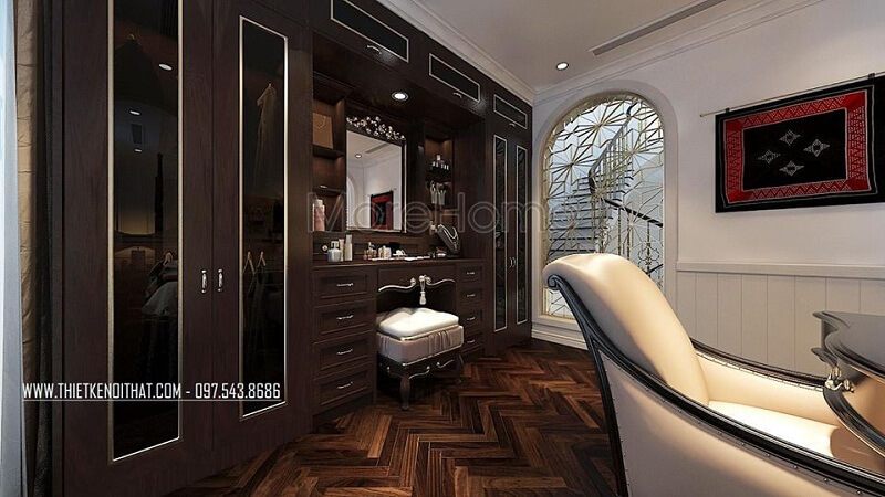 Mẫu thiết kế tủ quần áo gỗ tự nhiên màu nâu trầm sang trọng tại biệt thự