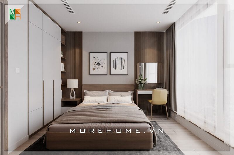 Gương trang điểm trong phòng ngủ đơn giản nhưng lại là điểm nhấn ấn tượng của căn phòng